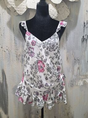 Express Floral Ruffle Skinny Spaghetti Strap Tie-Waist Cami Top - White & Pink